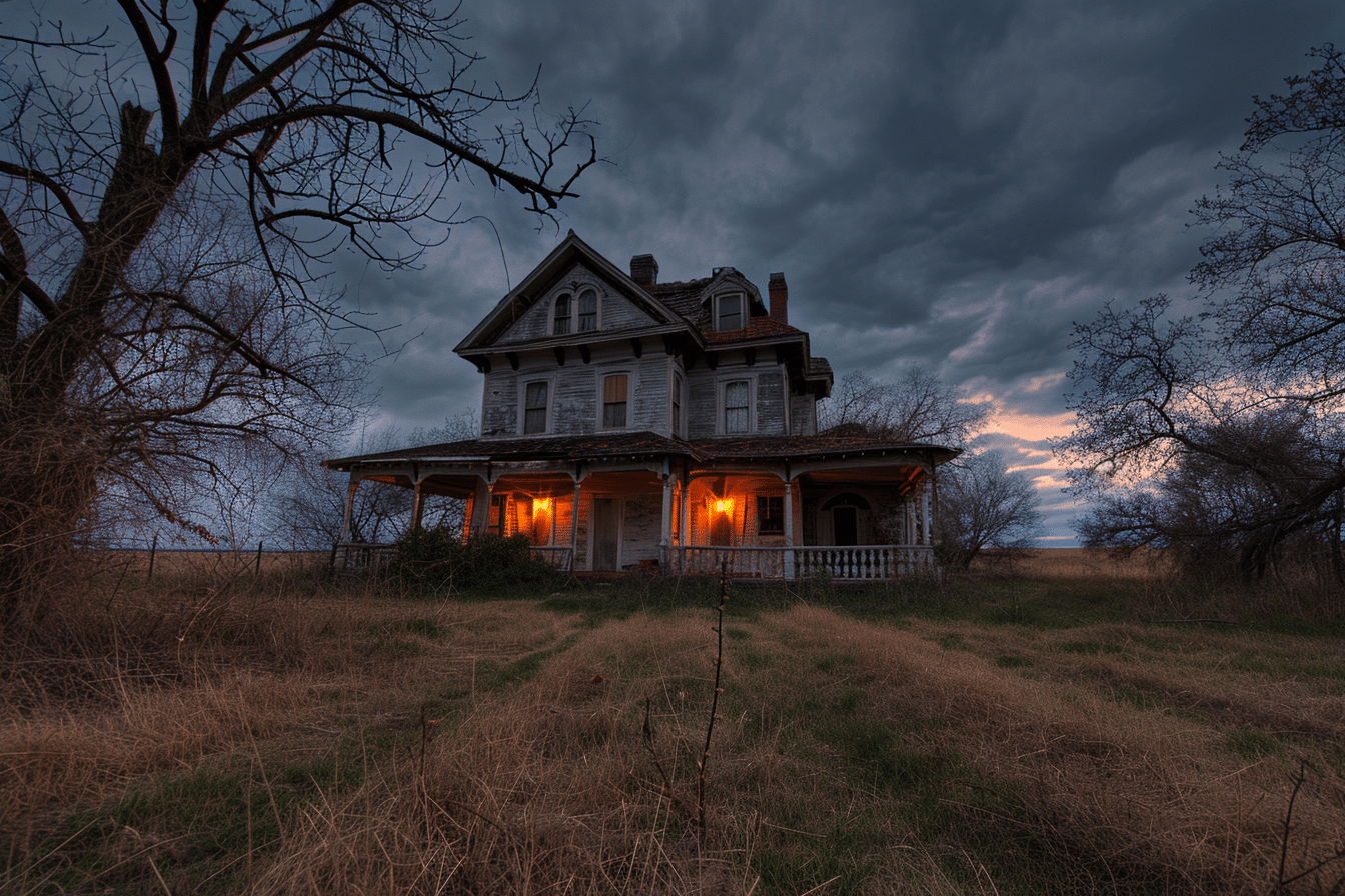 A psychologically impacted property, this house stands alone in the midst of a sprawling field.