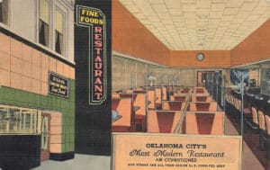 A historical postcard that shows both the exterior and interior of the Fine Foods Restaurant.