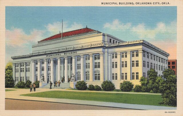 A vintage postcard of the new Municipal Building in Oklahoma City. The card is from 1936, the year of construction.