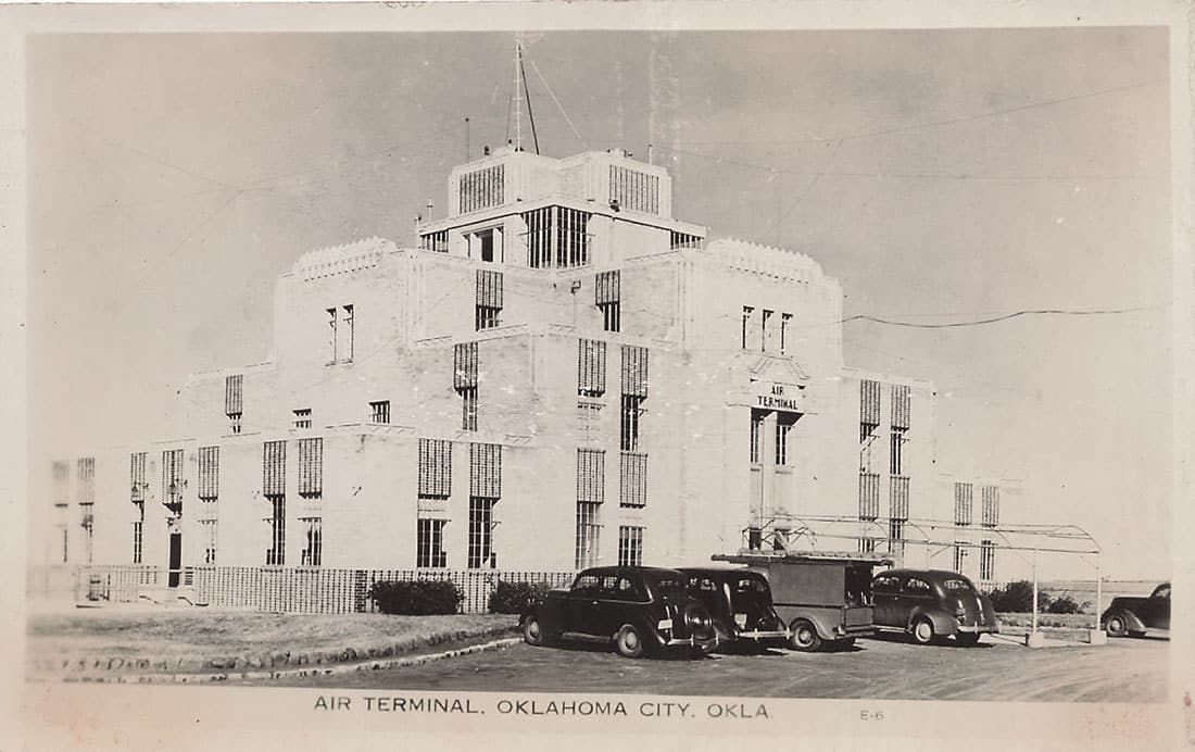 The Oklahoma City Air Terminal on a historic postcard. It appears to be from the 1940s.