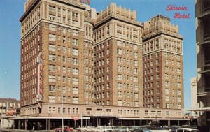 The front facade of the Skirvin Hotel.