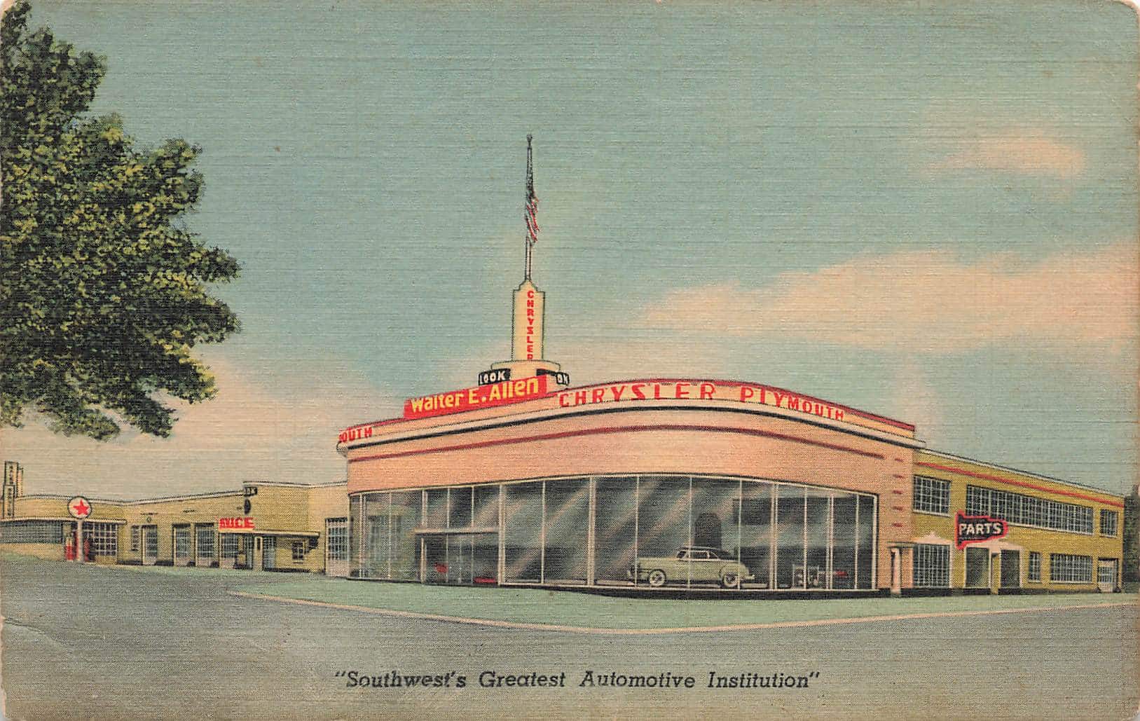 An old postcard featuring the Walter E Allen Chrysler-Plymouth car dealership in Oklahoma City.