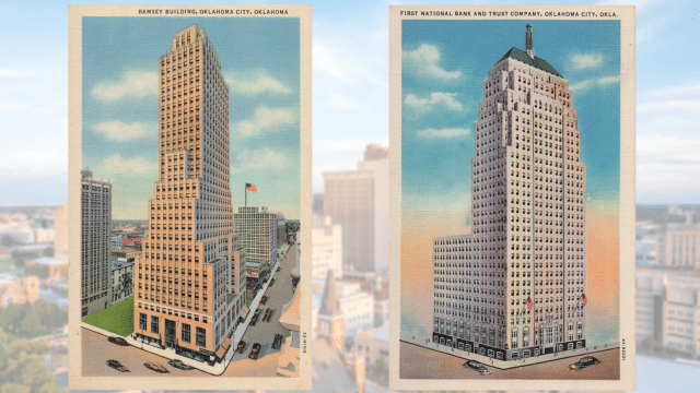 Postcards of the Ramsey Building and First National Bank Building in Oklahoma City. The two building in the Oklahoma City skyscraper race.