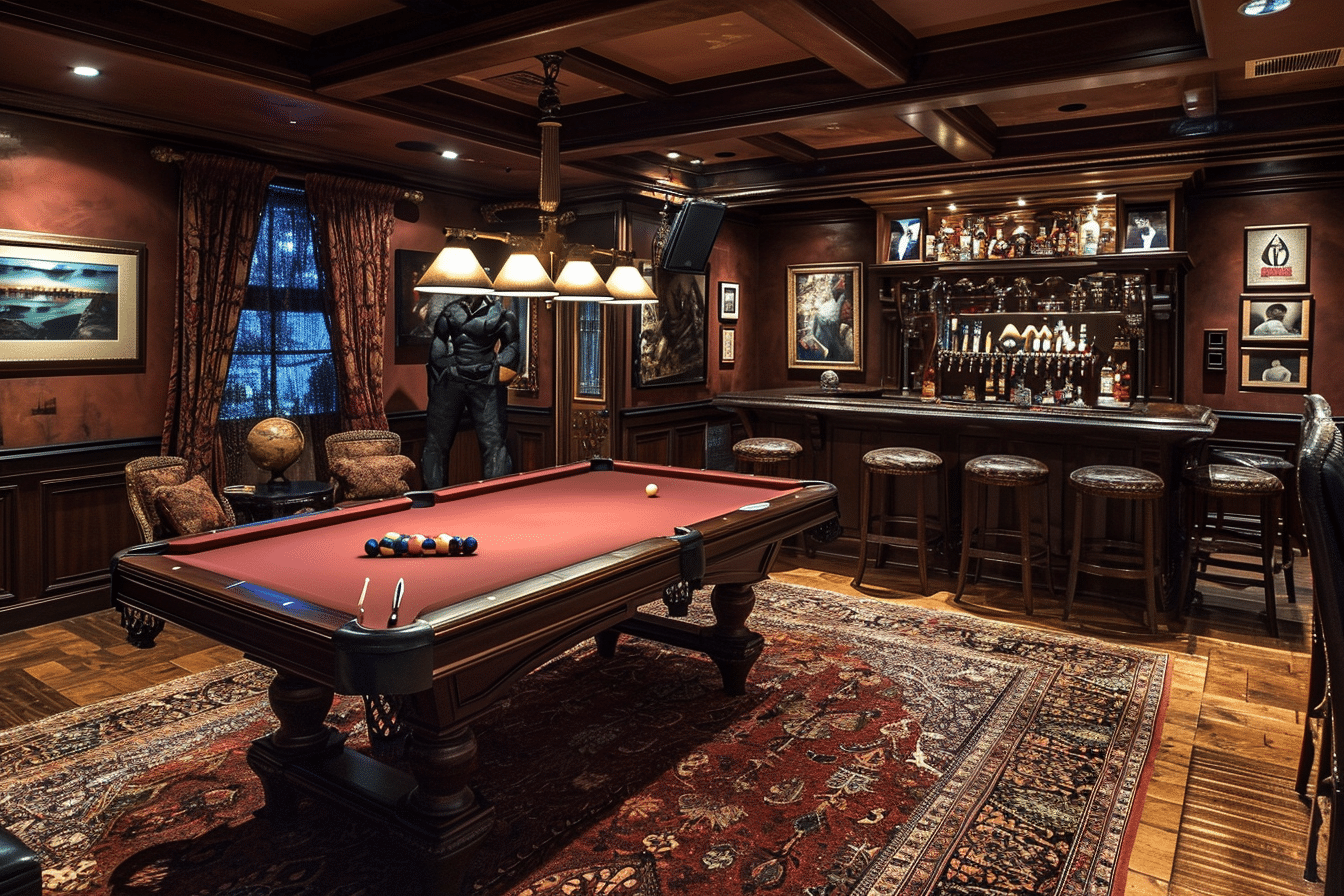 A man room with a bar and a pool table. Part of how to decorate a man room.