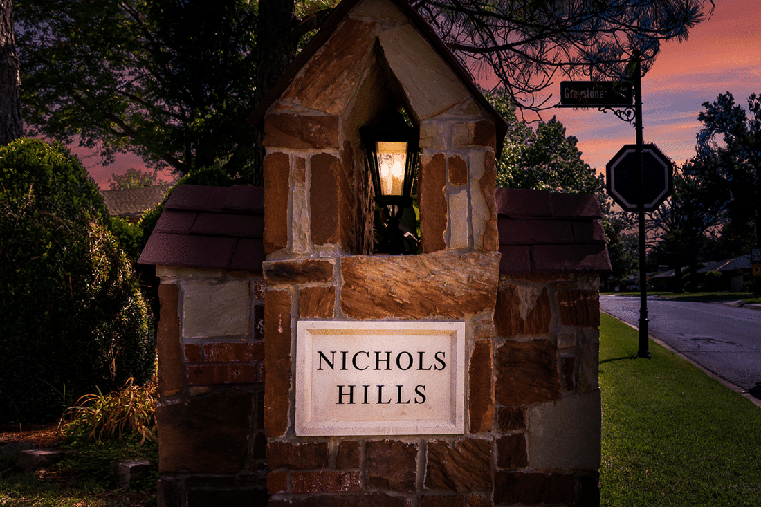 One of many Nichols Hills entry signs. An Oklahoma City luxury community.