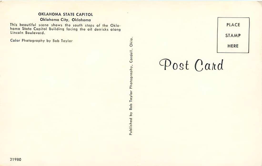 Oklahoma State Capitol historical postcard - back.
