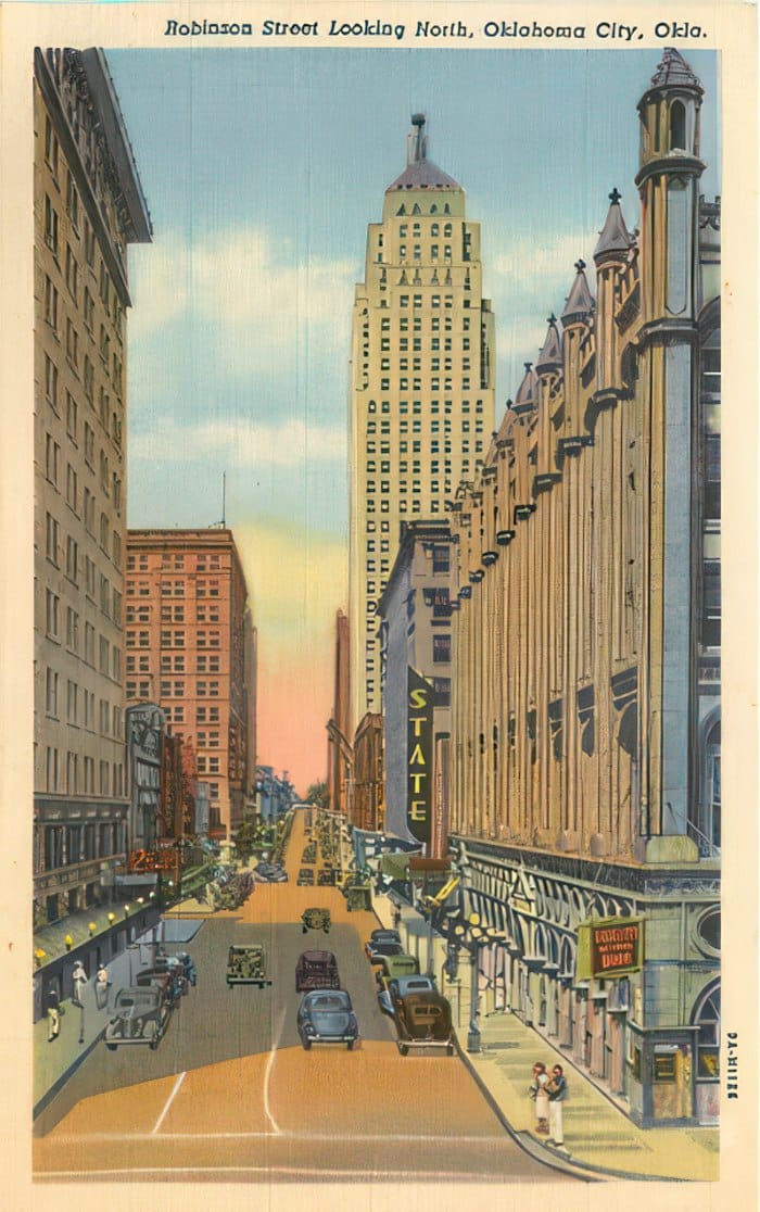 A historical postcard showing an artist's rendering of North Robinson in Oklahoma City as seen in the 1940s.