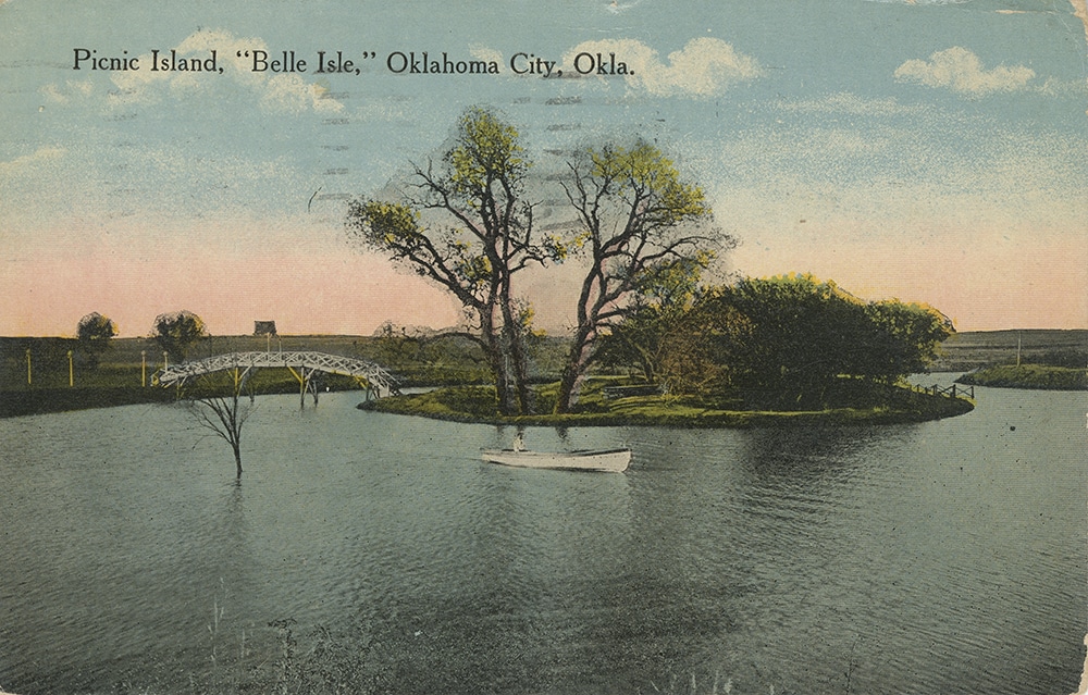 A historical postcard showing Picnic Island at Belle Isle Lake. This is now the site of Penn Square Mall.