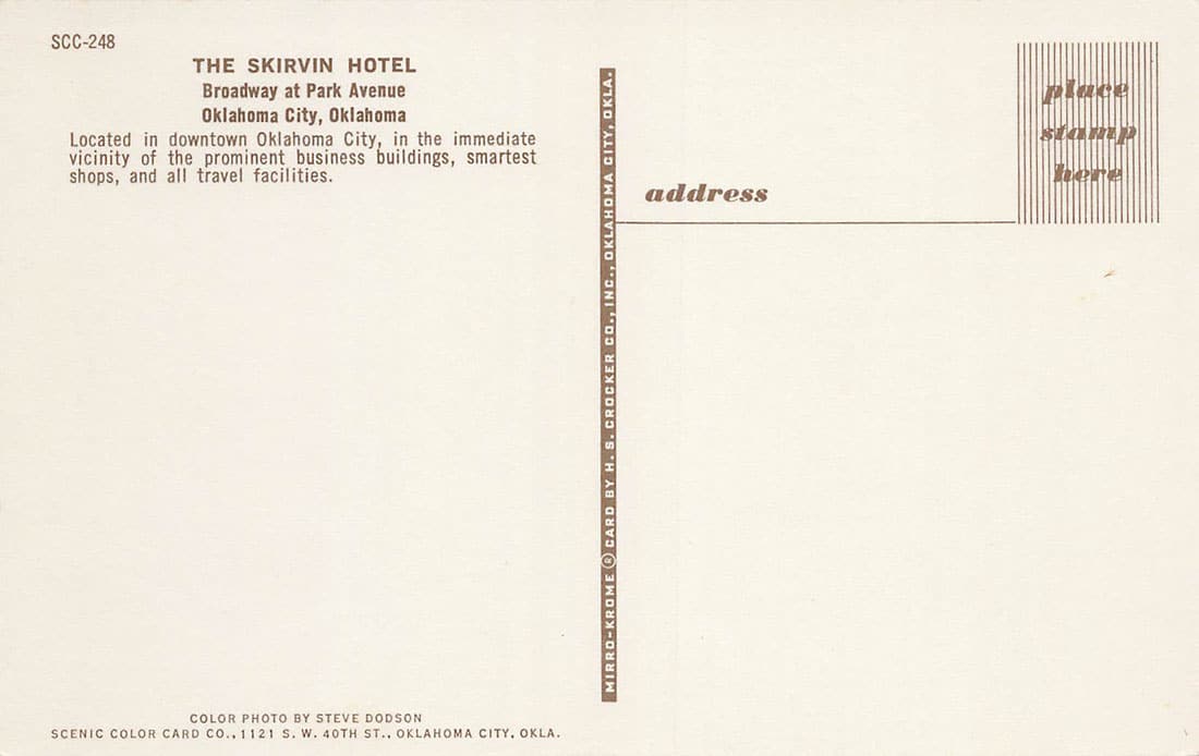 The back of the Skirvin Hotel postcard.
