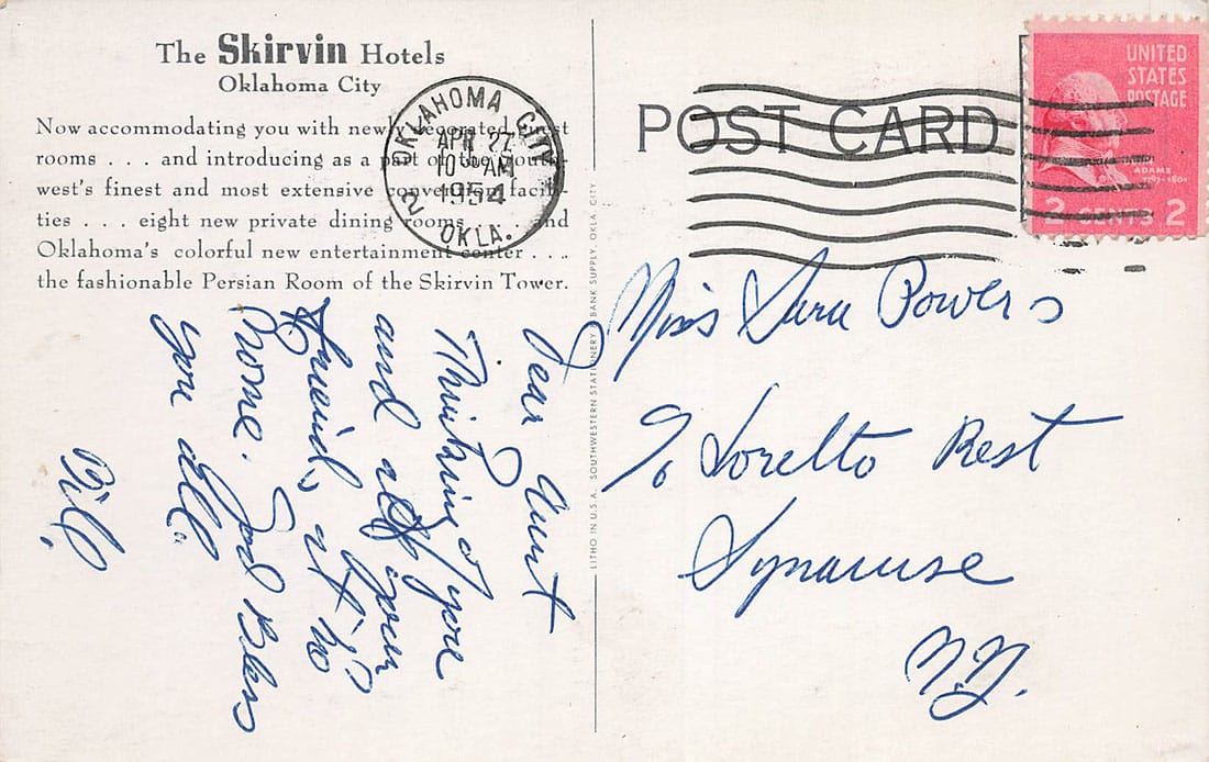 The back of the second Skirvin Hotel postcard.