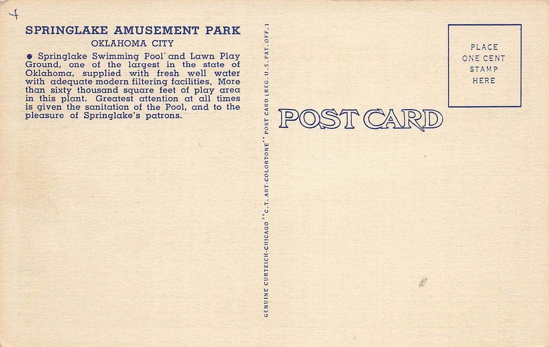 springlake amusement park historical postcard back