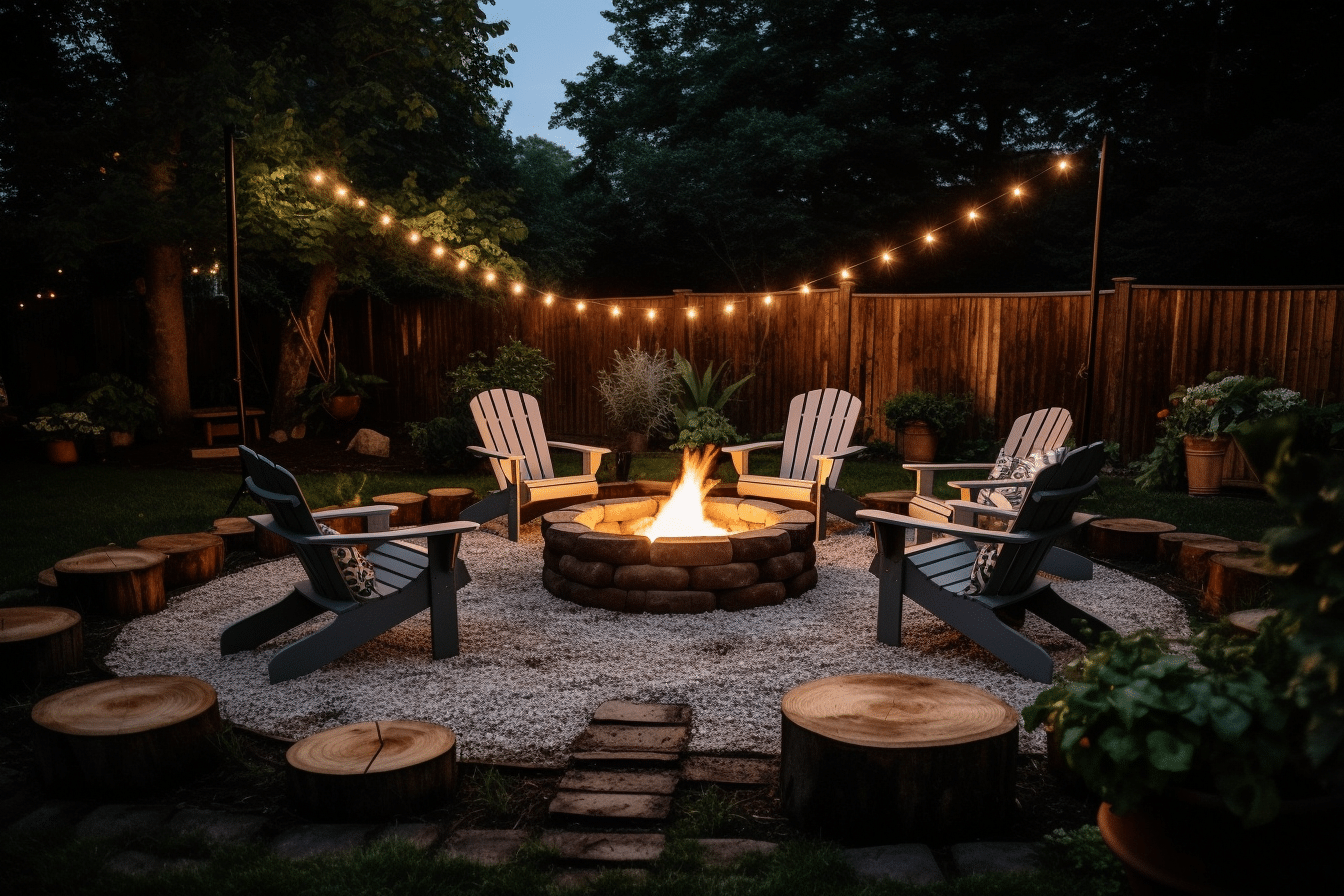 DIY outdoor staging ideas highlighting a cozy fire pit area in a rustic backyard.