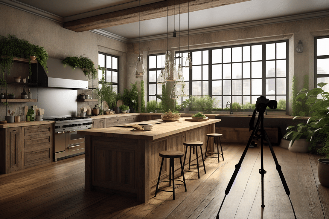 An inviting kitchen showcasing a rustic farmhouse style. There is a camera in the foreground for real estate photography for sellers.