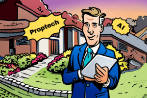 Proptech... AI... real estate technology. Cartoon Realtor with iPad in front of a house.