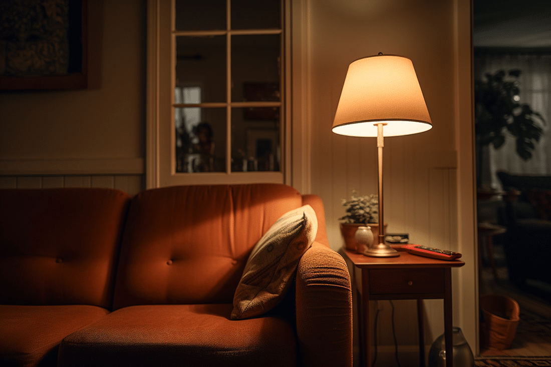 An accent lamp providing light on a table near a couch.