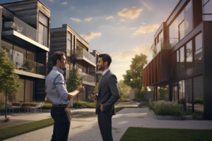 An investor talking with a real estate agent in front of a multi-family building discussing the best time to sell rental property.