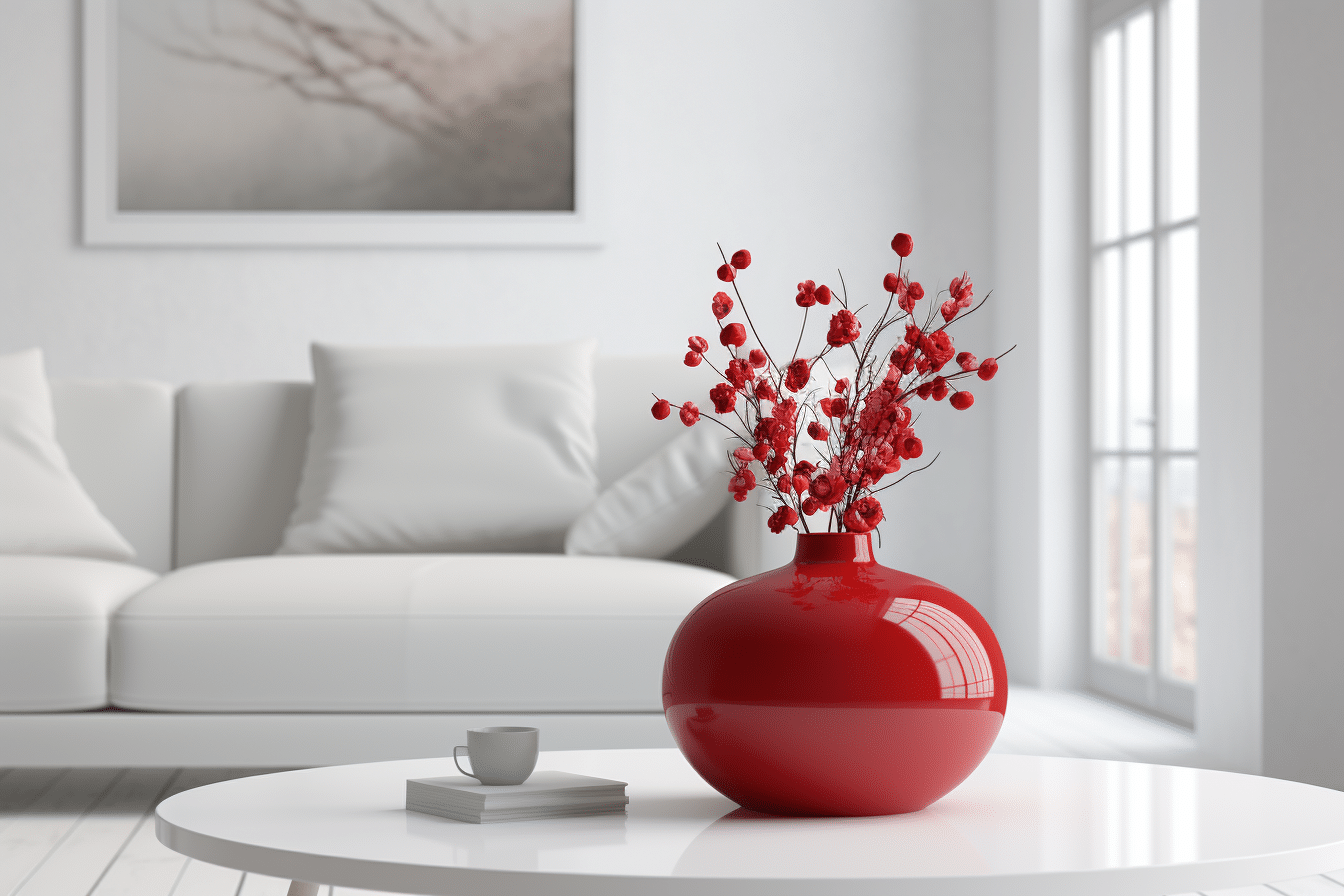 An all white room with a bright red vase show colorful staging techniques.