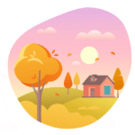 An illustration of a house amidst trees and a sunset, highlighting home maintenance tasks in the fall.