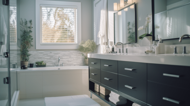 Tips for finding the right features when house hunting: a black and white bathroom with tub and vanity.