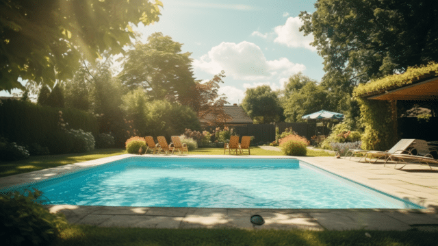 House hunting tips for finding the right features: a backyard with a swimming pool.