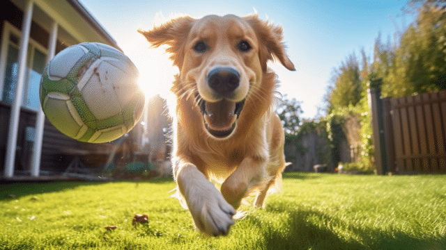 an energetic canine playing with a soccer ball in its yard.