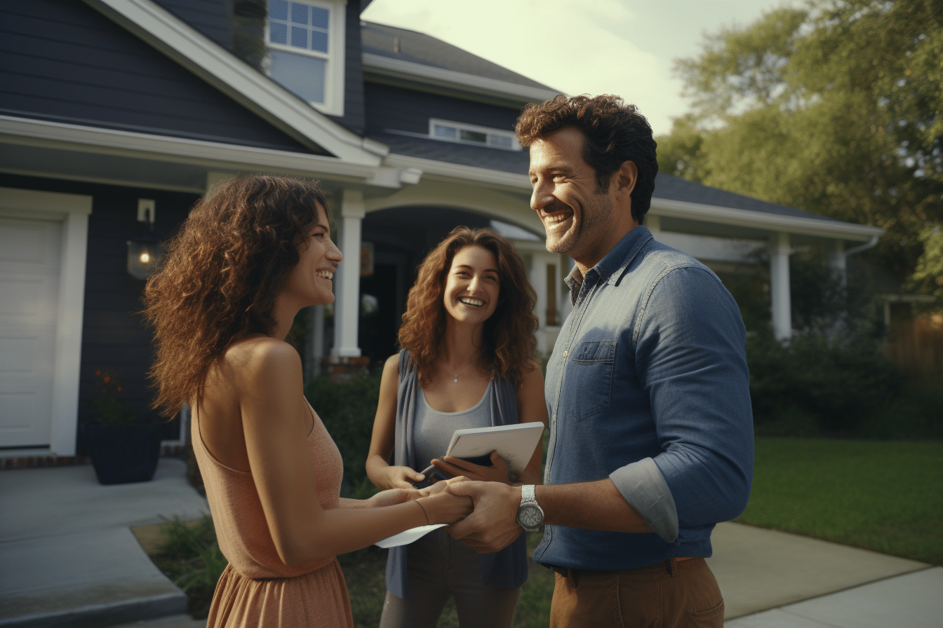 A happy couple with their agent in front of their home for the first time home buyer guide