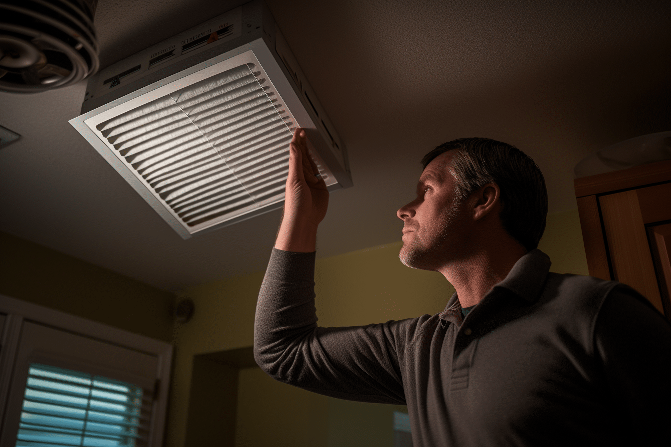 a man performing home maintenance on an air conditioner in a kitchen. Just one of his home maintenance tasks