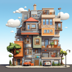 A cartoon style house, apartment, condo with a lot of windows and balconies, requiring regular home maintenance tasks.