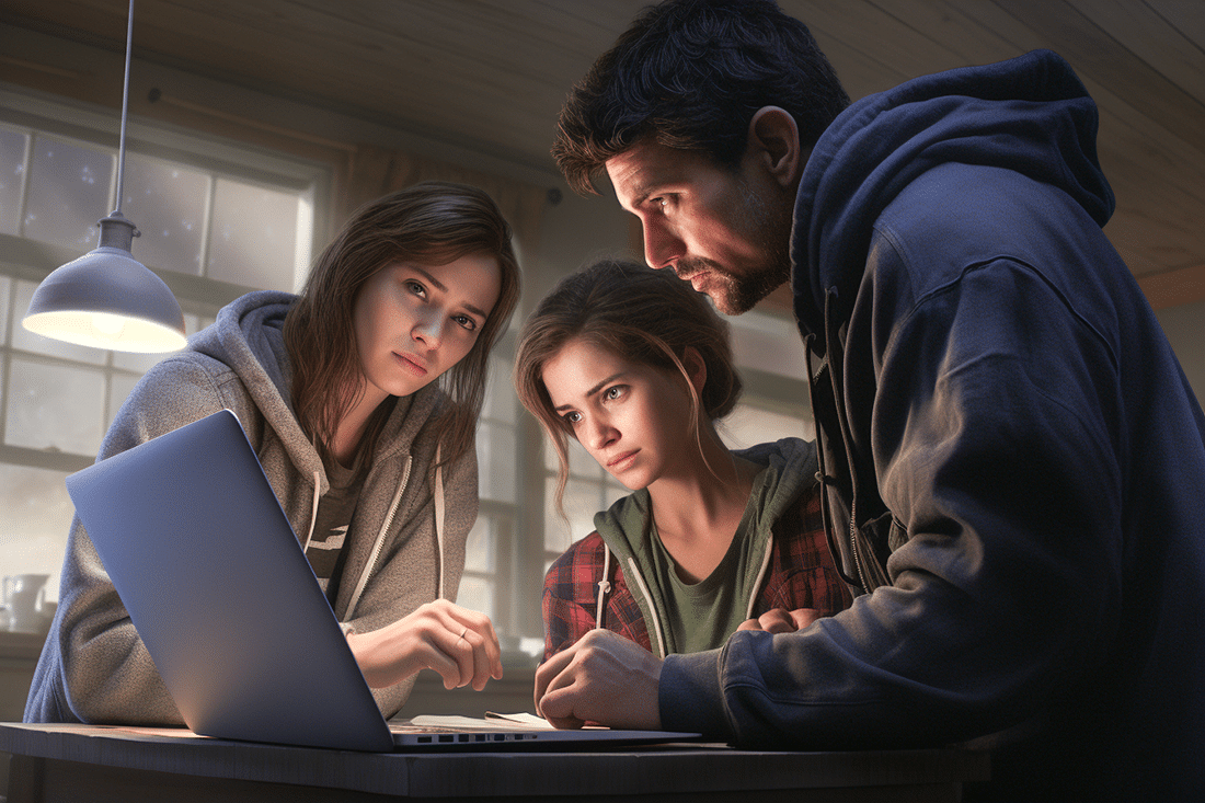 A family exploring house hunting tips on a laptop.