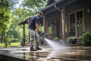 a man using a pressure washer to clean his deck as part of summer home care advice.