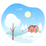 a cartoon illustration of a house in a snowy landscape with home maintenance tasks for the winter.
