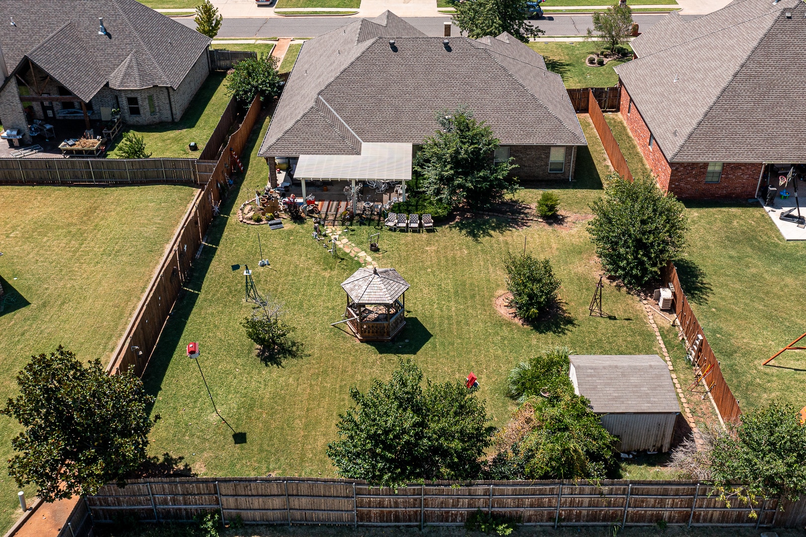 An aerial view of a house and yard.