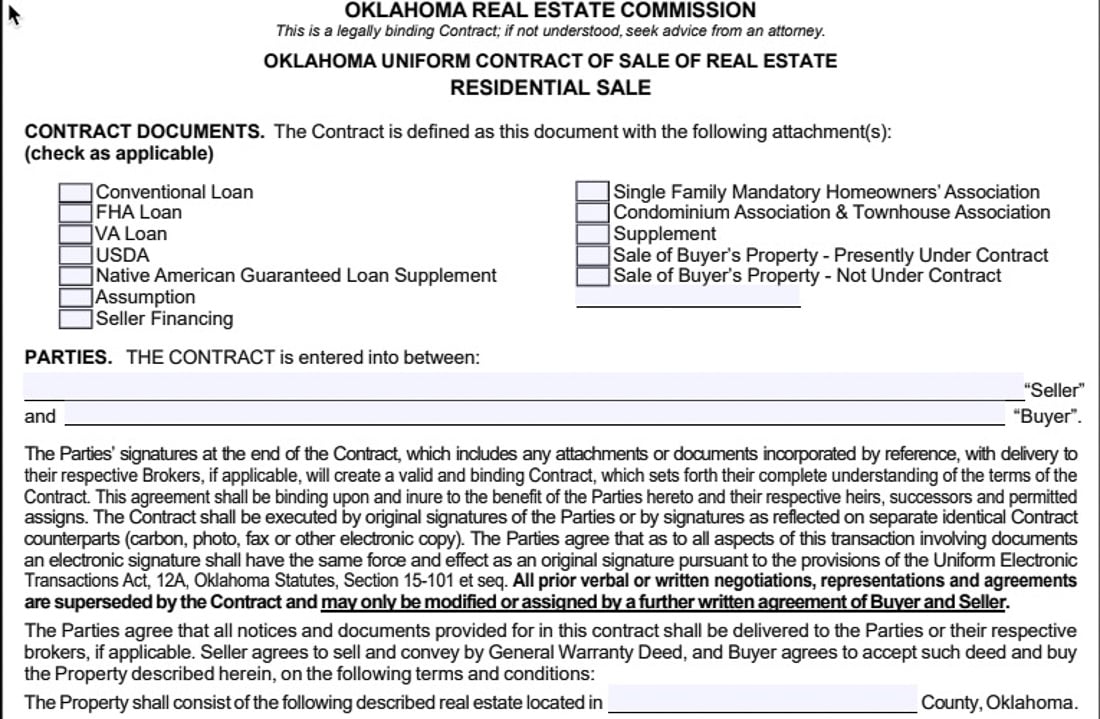 Oklahoma real estate commission purchase agreement form.