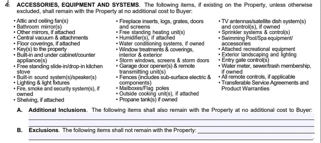 Sample Oklahoma home buying purchase agreement Paragraph 4 accessories, equipment, and systems.