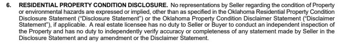 A sample Oklahoma real estate purchase agreement, Paragraph 6, Disclosure.