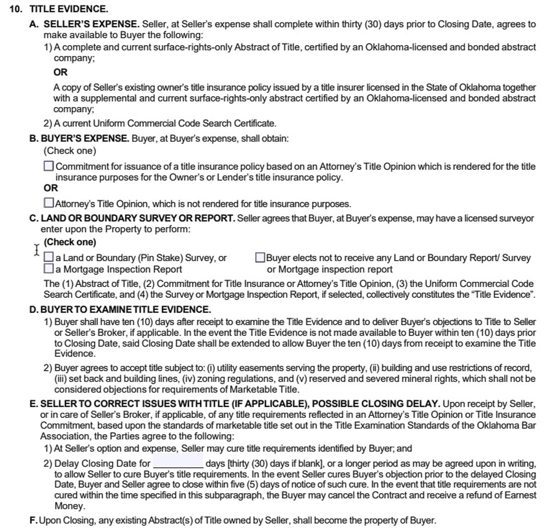 A sample home buying purchase agreement Paragraph 10, Title