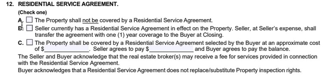 Residential purchase agreement Paragraph 12, Home Warranty