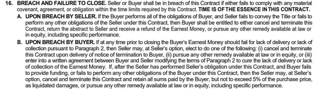 A sample home purchase agreement Paragraph 16, Breach and Failure to Close