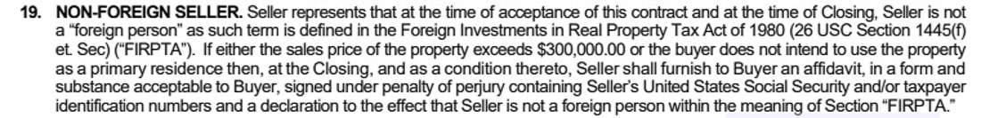 A purchase agreement document, Paragraph 19, non-foreign seller.