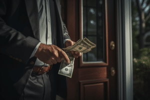 An appraiser holding money in front of a door and showing appraisal costs