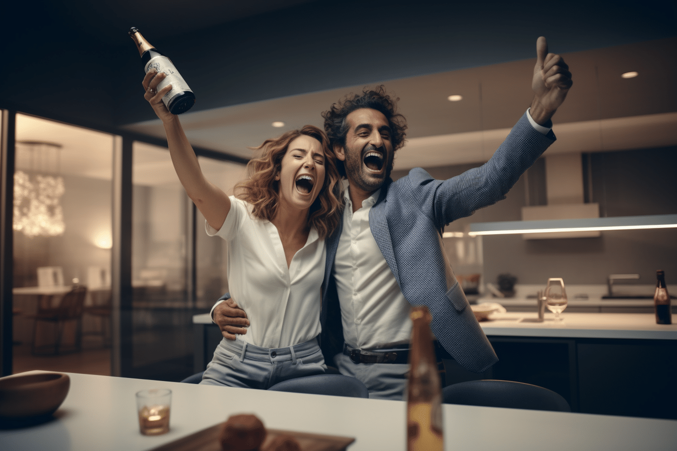 A couple celebrates closing day tips with a bottle of Champagne