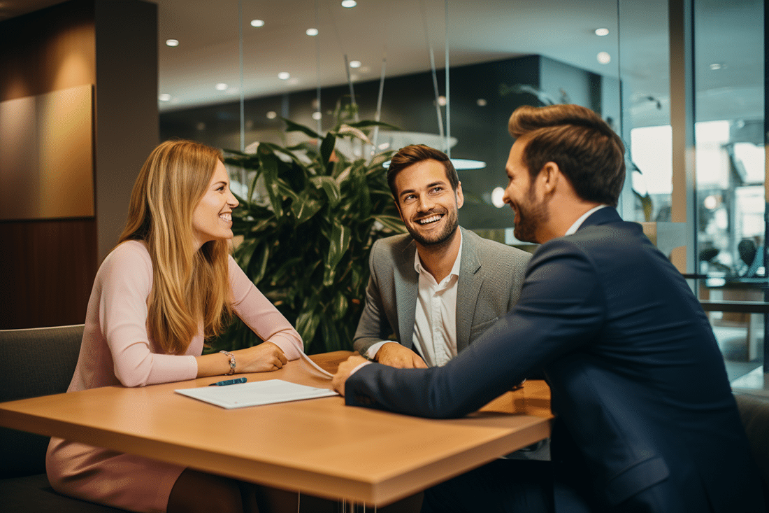 A young couple meeting with a lender discussing first time buyer mortgage options sitting at a table in an office.