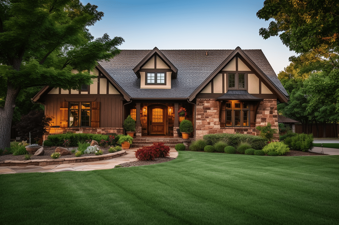 A tudor style home with meticulous landscaping that enhances home value preservation.