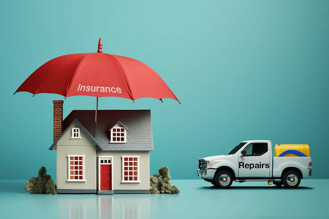 A house protected by home insurance stands tall alongside a repair truck. These represent a home warranty vs home insurance.