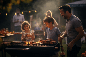 A family is grilling on a bbq in their backyard on Labor Day 2023.