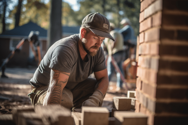 A man is laboring by laying bricks on a brick wall.