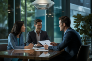 A couple discussing mortgage preapproval at a lender's office as they understand mortgage pre-approval