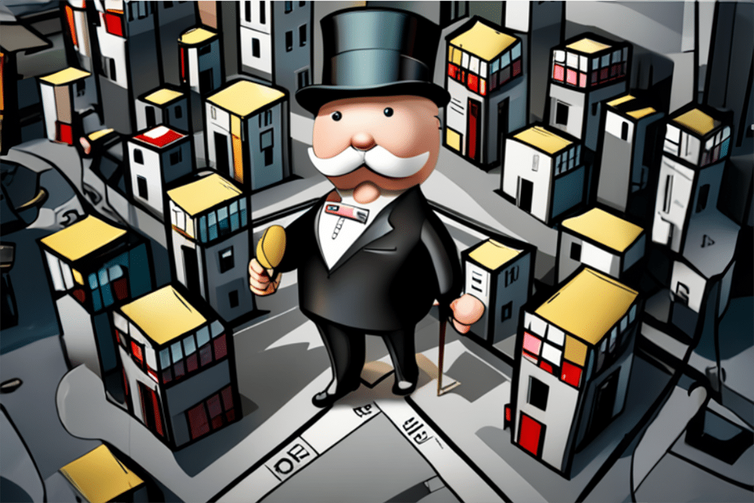 A cartoon image of a man in a top hat standing in a city undergoing a 1031 exchange on rental property.