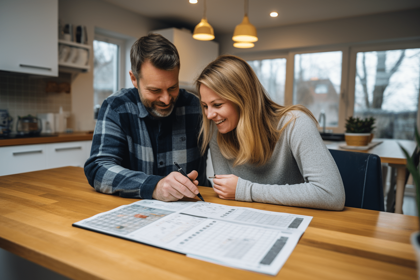 A couple analyzing a calendar discussing the best time to buy a house.