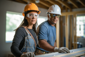 Two beginners in DIY home renovation wearing hard hats and safety glasses learning diy home renovation for beginners.